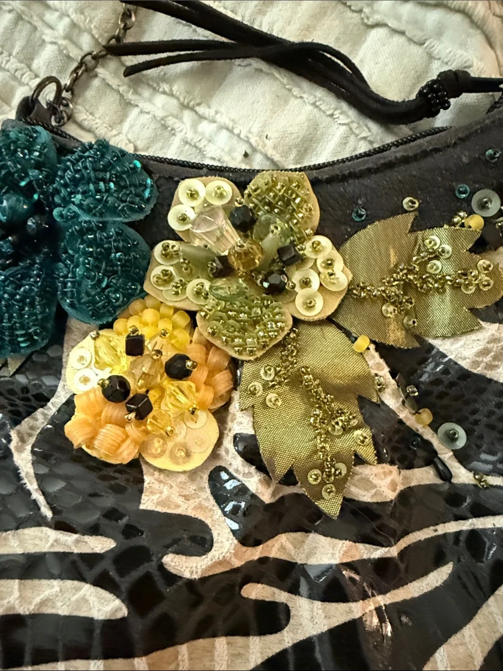 Mary Frances Teal, Yellow & Olive Floral Zebra Crossbody Bag